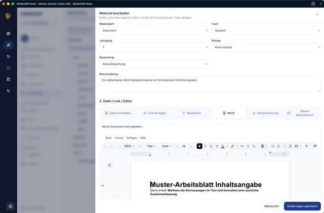Arbeitsblätter im integrierten Word-Editor bearbeiten