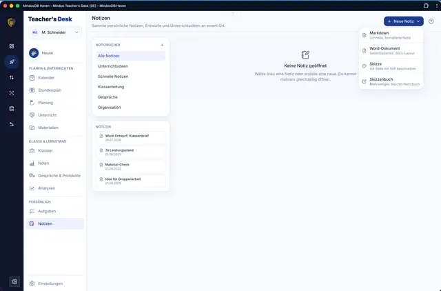 Neue Notiz als Markdown, Word, Skizze oder Skizzenbuch