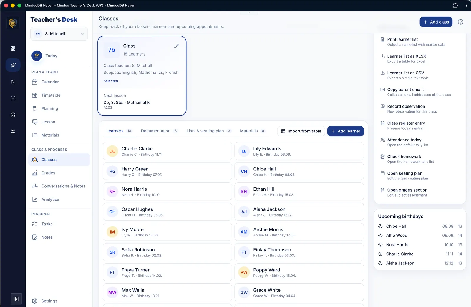 Class overview with all learners