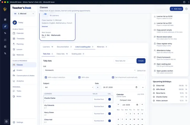 Track homework and attendance with tally lists