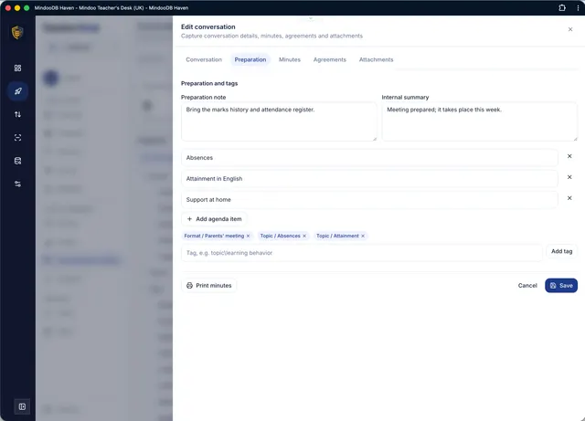 Preparation with agenda points and tags