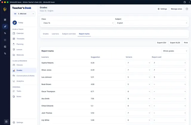Report grades with suggestions and export
