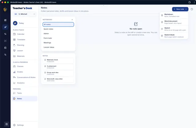 New note as Markdown, Word, sketch or sketchbook