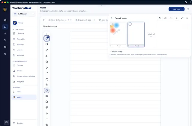 Manage pages and history in the sketchbook