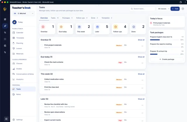 Overview of due dates and package progress