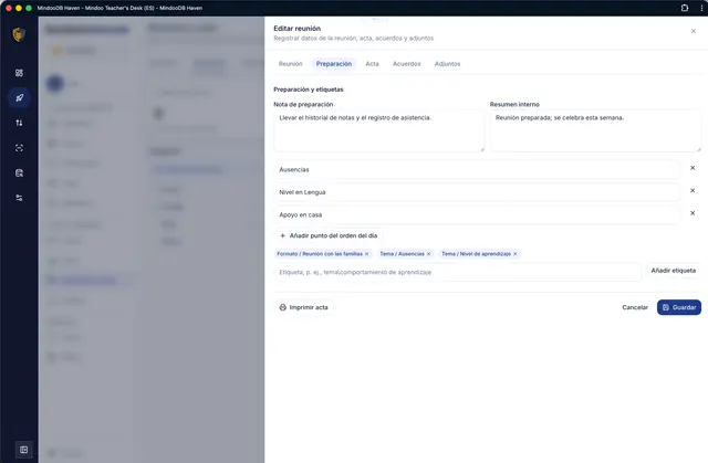 Preparación con orden del día y palabras clave
