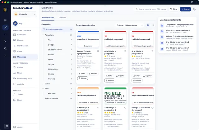 Colección de materiales con filtros por asignatura y tema