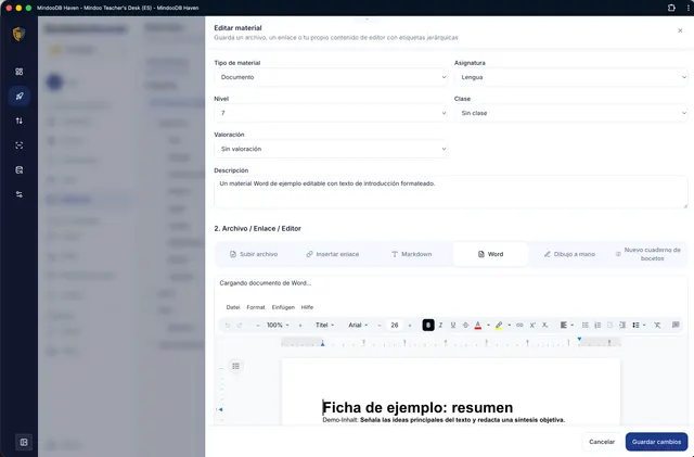 Editar fichas en el editor Word integrado
