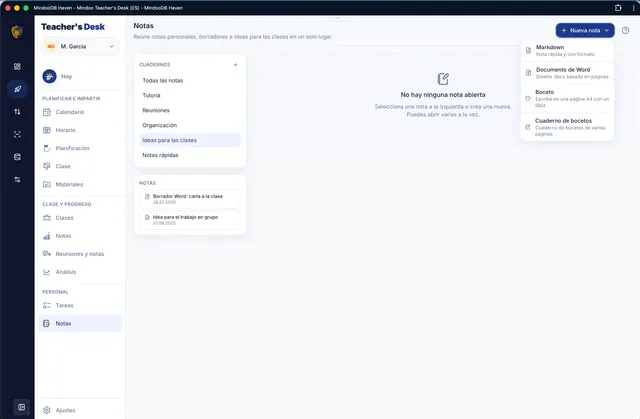 Nueva nota en Markdown, Word, boceto o cuaderno de bocetos