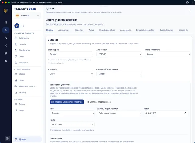 Idioma, curso escolar e importación desde OpenHolidays