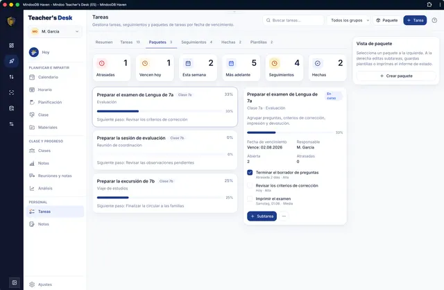 Paquetes de tareas con lista de comprobación y avance
