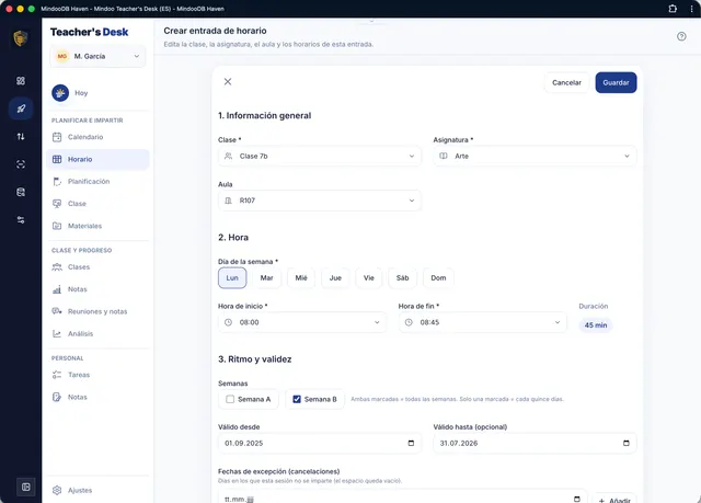 Crear una entrada del horario con clase, asignatura y aula