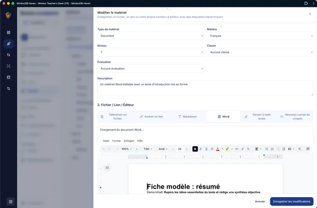 Modifier des fiches de travail dans l'éditeur Word intégré