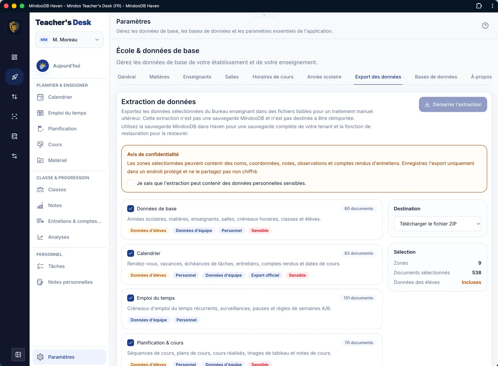Paramètres – export de données pour récupérer tous les contenus