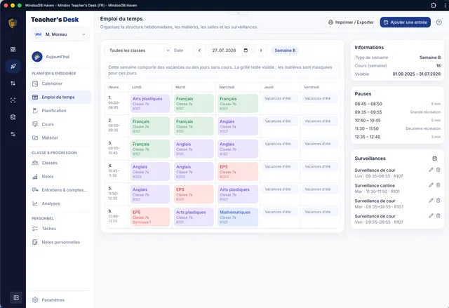 Emploi du temps hebdomadaire avec pauses et surveillances
