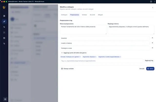 Preparazione con ordine del giorno e parole chiave