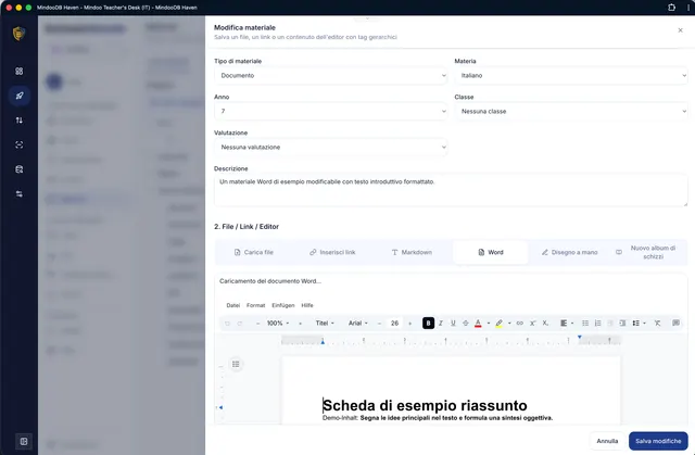 Modificare schede di lavoro nell'editor Word integrato