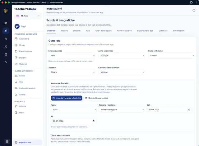 Lingua, anno scolastico e import vacanze da OpenHolidays