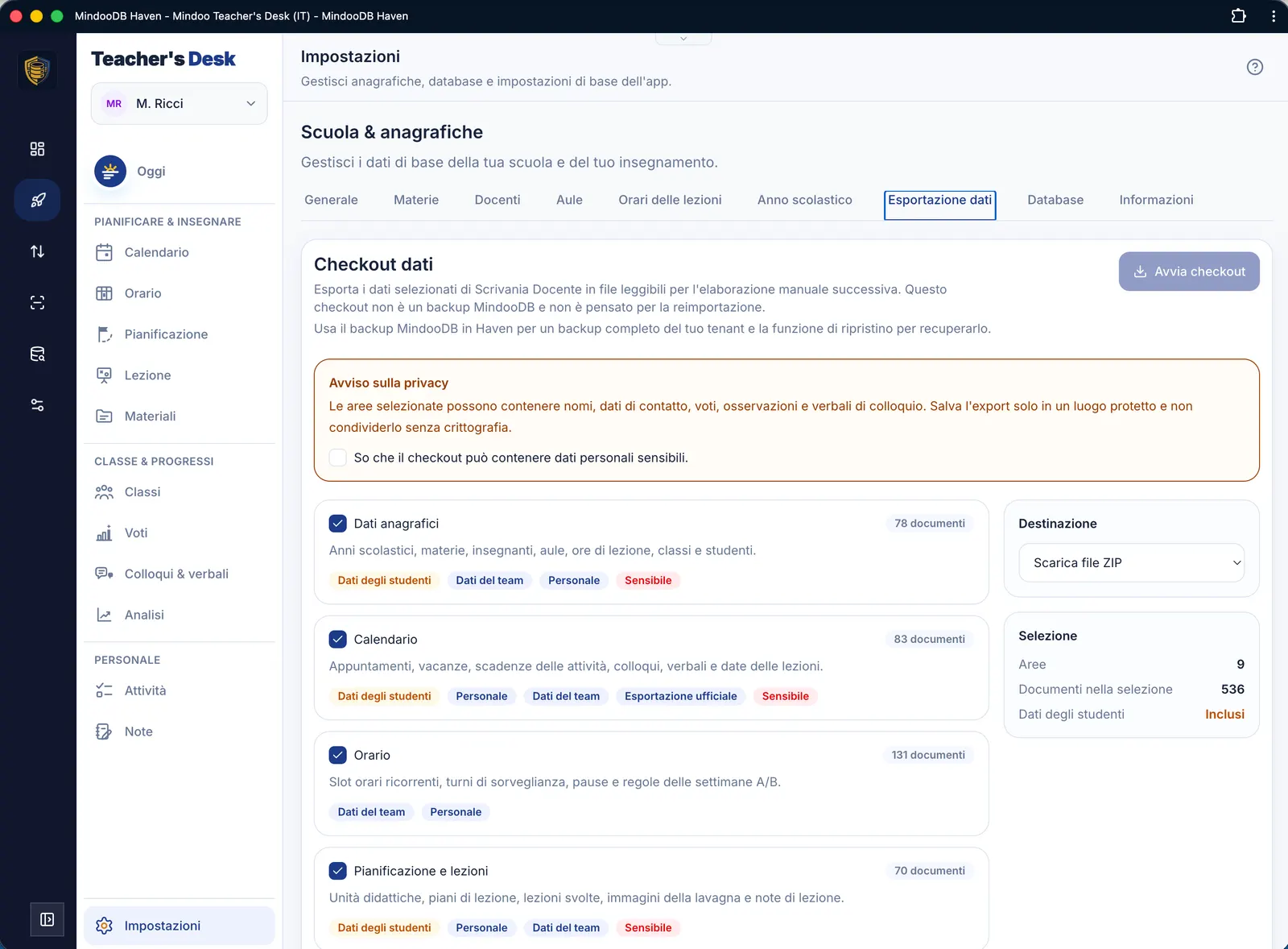 Impostazioni – checkout dei dati per esportare tutti i contenuti