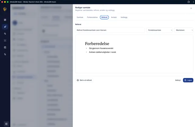 Skriv referatet i den innebygde editoren