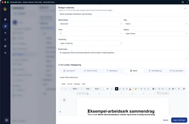 Rediger arbeidsark i den innebygde Word-editoren
