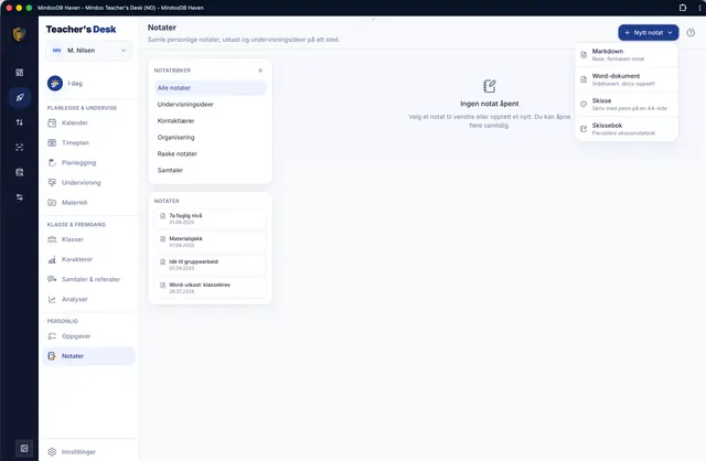 Nytt notat som Markdown, Word, skisse eller skissebok