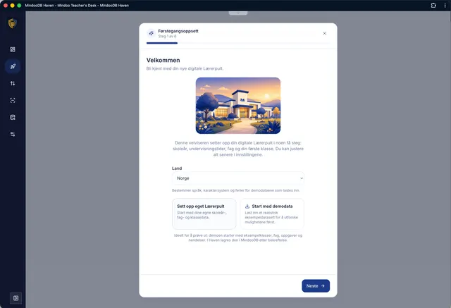 Førstegangsoppsett i seks trinn, eventuelt med demodata