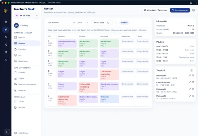 Weekrooster met pauzes en surveillances